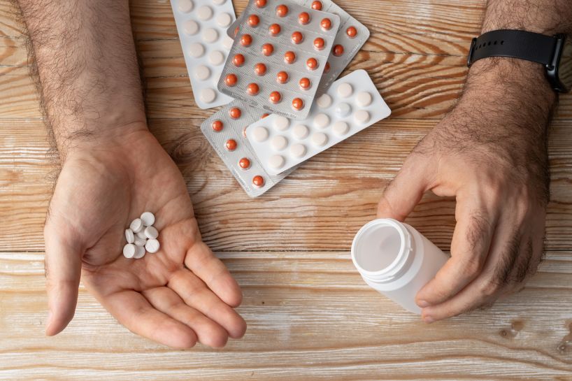 person holding medication over a table